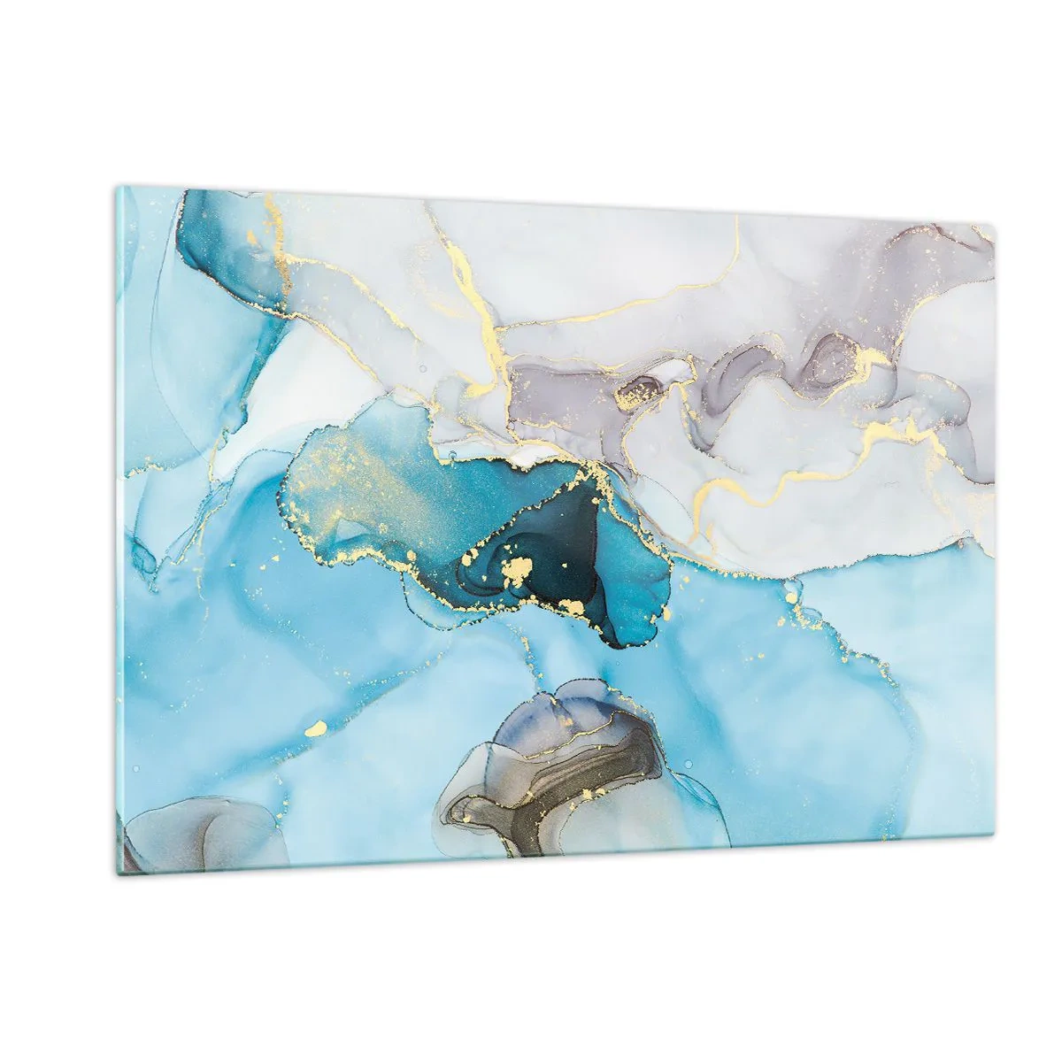 Impression sur verre - Image sur verre - Vagues turquoise et grises avec des accents dorés - 120x80cm - Etude de la rencontre gris et turquoise - Décoration murale moderne pour le salon et la chambre ARTTOR