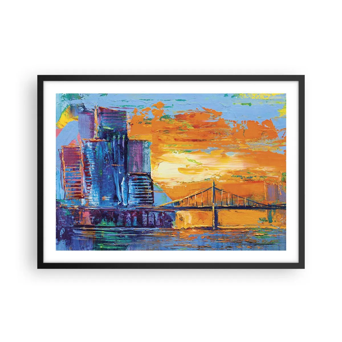 Affiche dans un cadre noir - Poster - Une ville colorée avec un pont au soleil couchant - 70x50cm - Culture et nature - Décoration murale moderne pour le salon et la chambre ARTTOR
