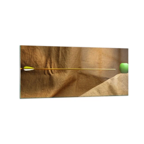 Impression sur verre - Image sur verre - Pomme verte sur tissu avec une flèche créant une composition - 120x50cm - Invoquer l'esprit de Guillaume Tell - Décoration murale moderne pour le salon et la chambre ARTTOR