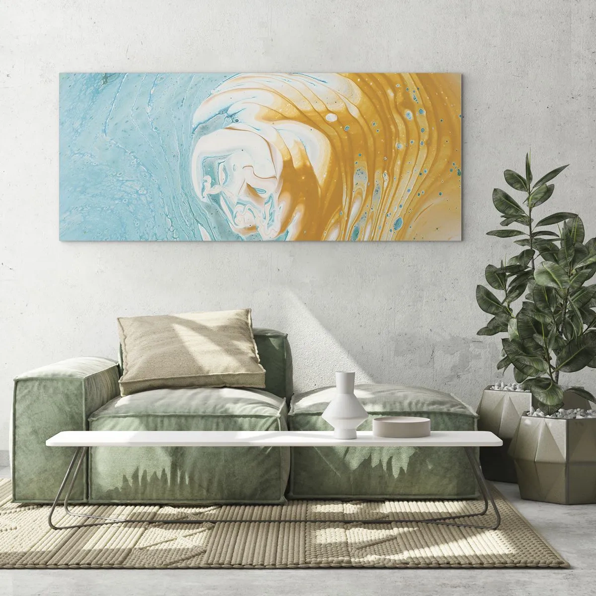 Impression sur verre - Image sur verre - Vagues abstraites dans des tons de bleu et d'or sur toile - 120x50cm - Tourbillon pastel - Décoration murale moderne pour le salon et la chambre ARTTOR