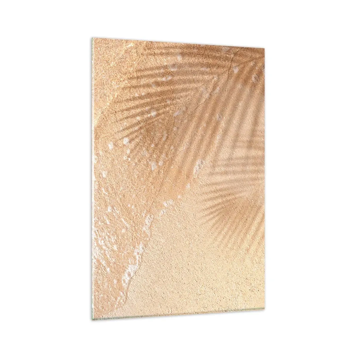 Impression sur verre - Image sur verre - L'ombre d'un palmier sur le sable avec un délicat motif de vagues - 80x120cm - Ombre d'un été chaud - Décoration murale moderne pour le salon et la chambre ARTTOR
