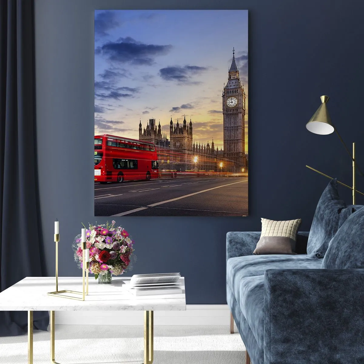 Impression sur verre - Image sur verre - Big Ben et le bus rouge à Londres au coucher du soleil - 50x70cm - Caractères spéciaux - Décoration murale moderne pour le salon et la chambre ARTTOR