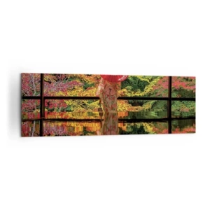 Impression sur toile - Image sur toile - Une femme en kimono avec un parapluie sur fond de paysage d'automne. - 160x50cm - Dans le temple de la nature - Décoration murale moderne pour le salon et la chambre ARTTOR