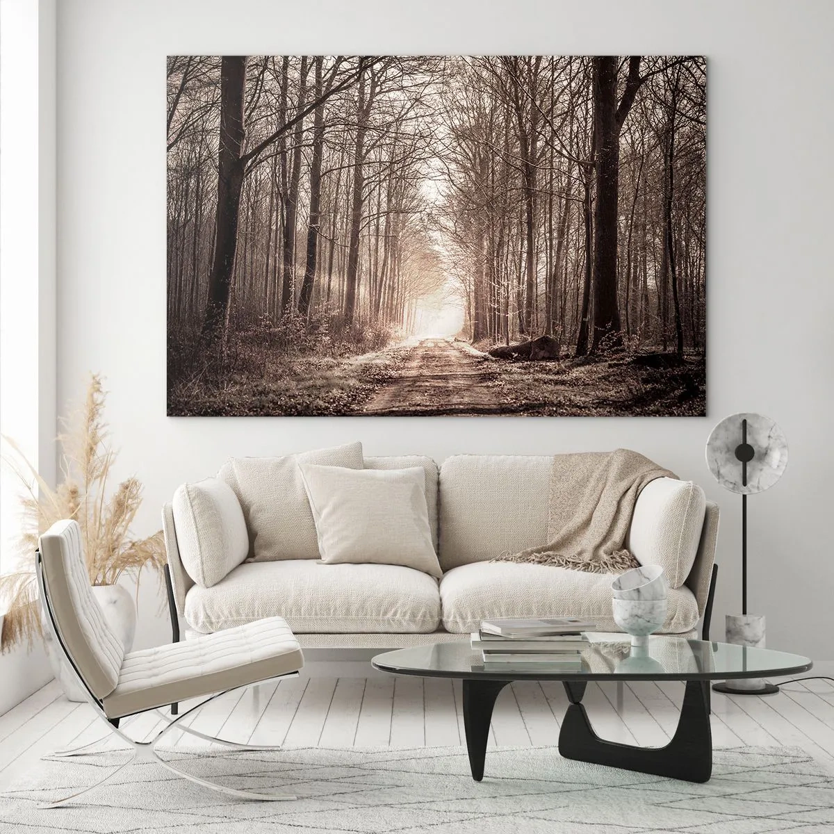Impression sur verre - Image sur verre - Route forestière dans le brouillard matinal - 70x50cm - Cathédrale de la forêt - Décoration murale moderne pour le salon et la chambre ARTTOR