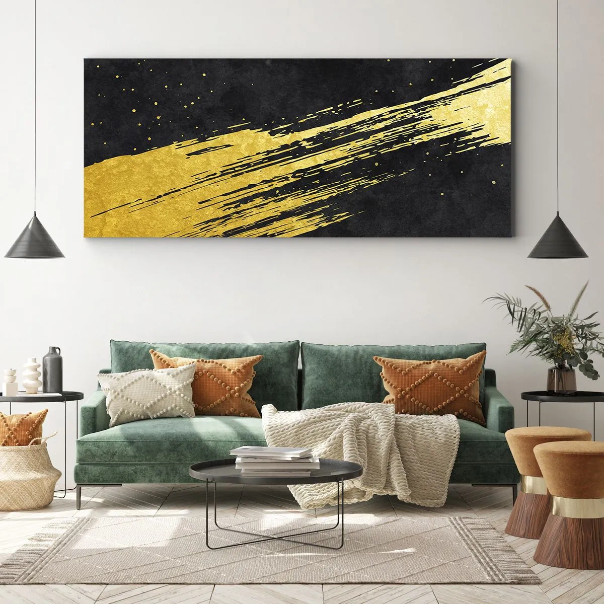 Impression sur toile - Image sur toile - Fond noir avec des coups de pinceau dorés dynamiques - 120x50cm - Sautez dans l'hyperespace - Décoration murale moderne pour le salon et la chambre ARTTOR