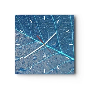 Horloge murale - Pendule murale - Une feuille dans des tons bleus avec des gouttes d'eau - 30x30cm - La vie en bleu - Décoration murale moderne pour le salon et la chambre ARTTOR