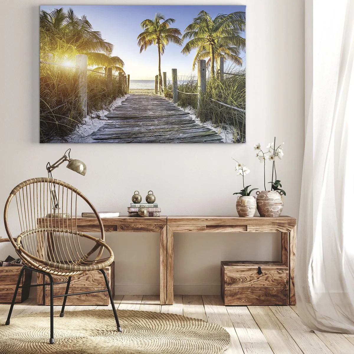 Impression sur toile - Image sur toile - Chemin en bois sur la plage avec des palmiers en arrière-plan - 70x50cm - Directement au paradis - Décoration murale moderne pour le salon et la chambre ARTTOR