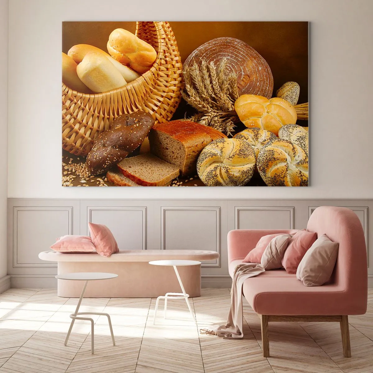 Impression sur verre - Image sur verre - Un panier de pain et de miches sur fond d'épis de céréales - 120x80cm - On s'en est encore sorti - Décoration murale moderne pour le salon et la chambre ARTTOR
