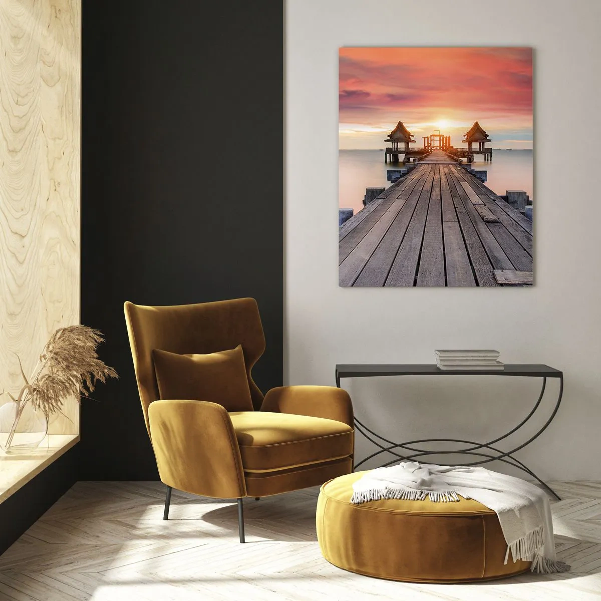 Impression sur verre - Image sur verre - Jetée en bois menant aux belvédères au bord de l'eau au coucher du soleil - 50x70cm - L'Ouest à l'Est - Décoration murale moderne pour le salon et la chambre ARTTOR