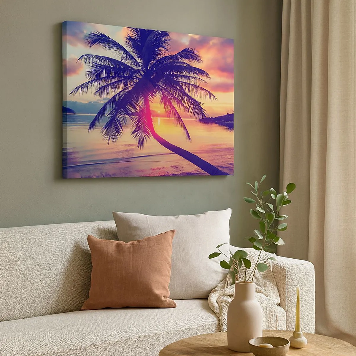 Impression sur toile - Image sur toile - Coucher de soleil avec un palmier sur un rivage tranquille - 70x50cm - Soirée sous les palmiers - Décoration murale moderne pour le salon et la chambre ARTTOR