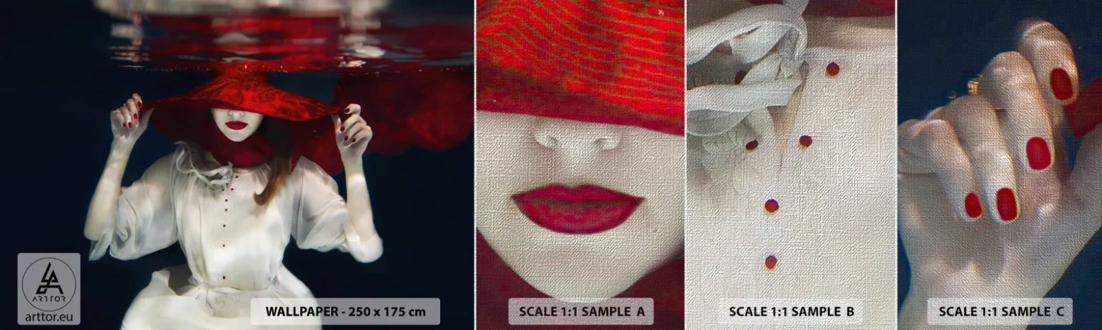 Échantillon de Papier Peint Premium Canvas - Femme mystérieuse - Abstraction, Femme au chapeau, Morceau - 100x30 cm