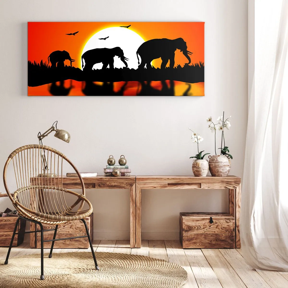 Impression sur toile - Image sur toile - Silhouettes d'éléphants au coucher du soleil sur l'eau avec reflet - 120x50cm - Et le soir pour un petit verre - Décoration murale moderne pour le salon et la chambre ARTTOR
