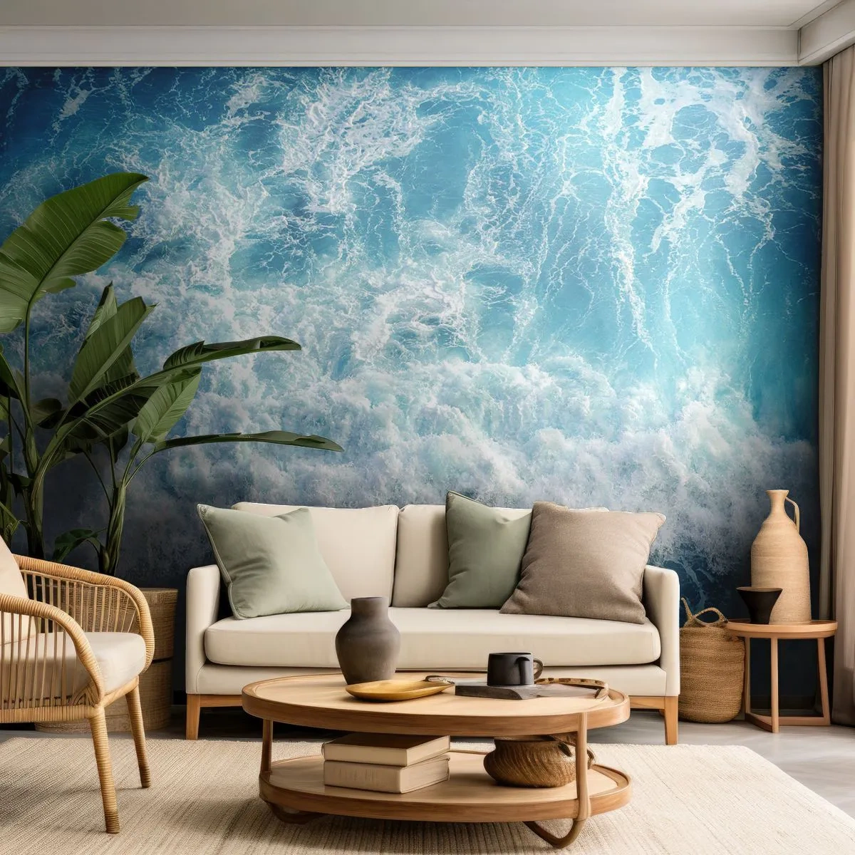 Papier Peint Photo Premium Sand - Vagues bleues de l'océan en mouvement - 100x70cm - Joyeusement et en sautant - Décoration murale moderne pour le salon et la chambre ARTTOR