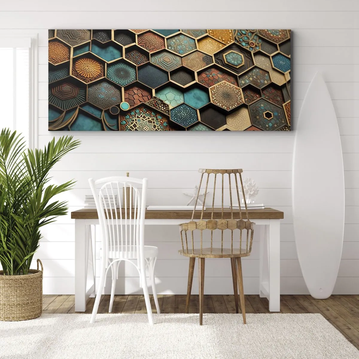 Impression sur toile - Image sur toile - Ornements colorés aux motifs hexagonaux - 120x50cm - Ornements arabes – variation - Décoration murale moderne pour le salon et la chambre ARTTOR