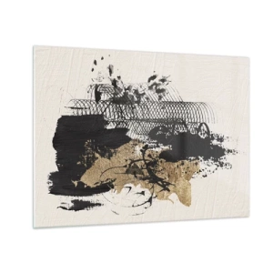 Impression sur verre - Image sur verre - Composition abstraite en noir et or sur fond clair - 70x50cm - Composer avec passion - Décoration murale moderne pour le salon et la chambre ARTTOR