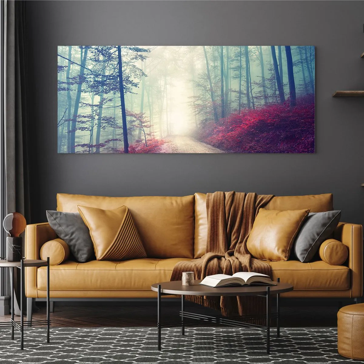 Impression sur verre - Image sur verre - Un sentier forestier magique entouré d'arbres et de brouillard - 120x50cm - Comme c'est bon de se lever à l'aube - Décoration murale moderne pour le salon et la chambre ARTTOR