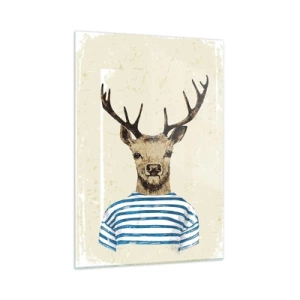 Impression sur verre - Image sur verre - Graphique d'un cerf en chemise de marin sur fond clair - 50x70cm - Parce que j'aime les chemises rayées - Décoration murale moderne pour le salon et la chambre ARTTOR