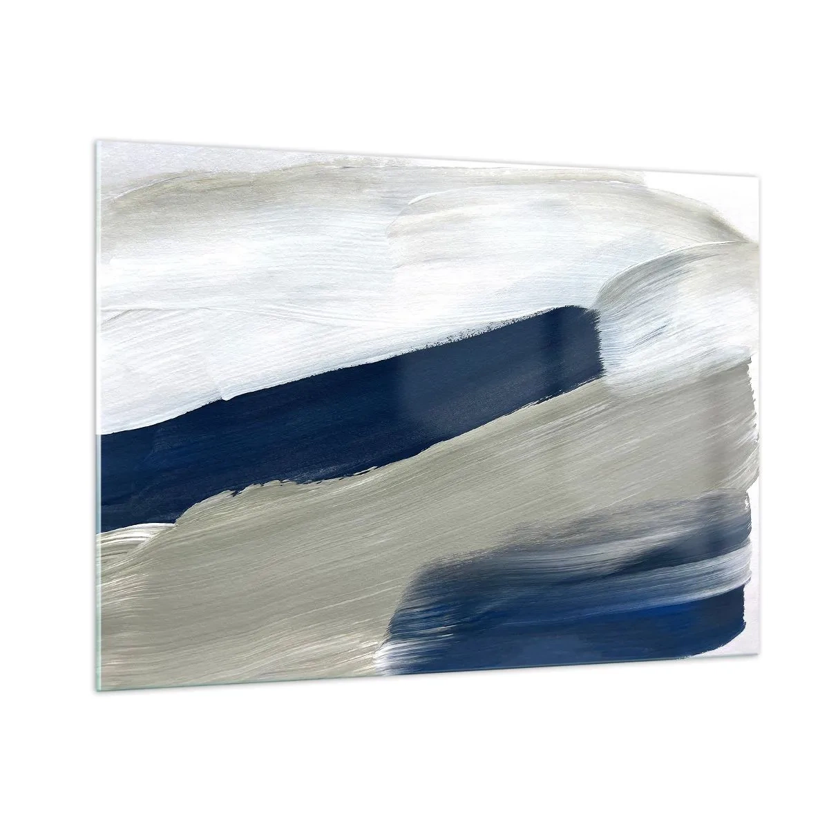Impression sur verre - Image sur verre - Abstraction minimaliste avec des traits dynamiques de blanc, bleu marine et gris. - 100x70cm - Rencontre avec la blancheur - Décoration murale moderne pour le salon et la chambre ARTTOR