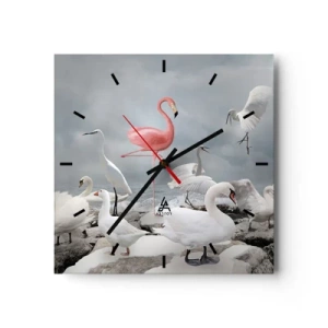 Horloge murale - Pendule murale - Un flamant rose parmi des cygnes blancs sur fond de lac - 30x30cm - Comment suis-je arrivé là? - Décoration murale moderne pour le salon et la chambre ARTTOR