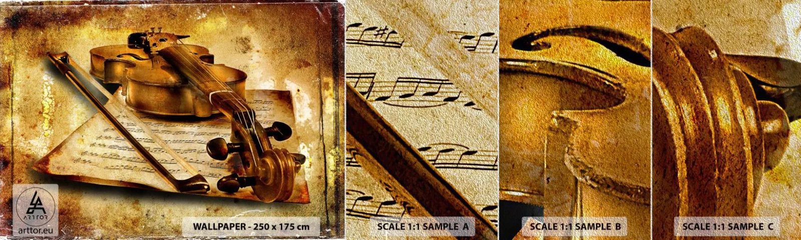 Échantillon de Papier Peint Premium Sand - Besoin immédiat d'un virtuose - Violon, Musique, Notes de musique - 100x30 cm