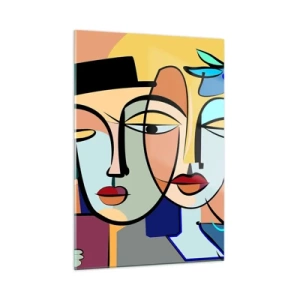 Impression sur verre - Image sur verre - Visages colorés de style cubiste avec des fleurs - 50x70cm - Le Rendez-vous de Picasso - Décoration murale moderne pour le salon et la chambre ARTTOR