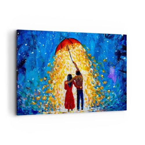 Impression sur toile - Image sur toile - Un couple sous un parapluie rouge sous la pluie lumineuse - 100x70cm - La magie d'une soirée pluvieuse ? - Décoration murale moderne pour le salon et la chambre ARTTOR