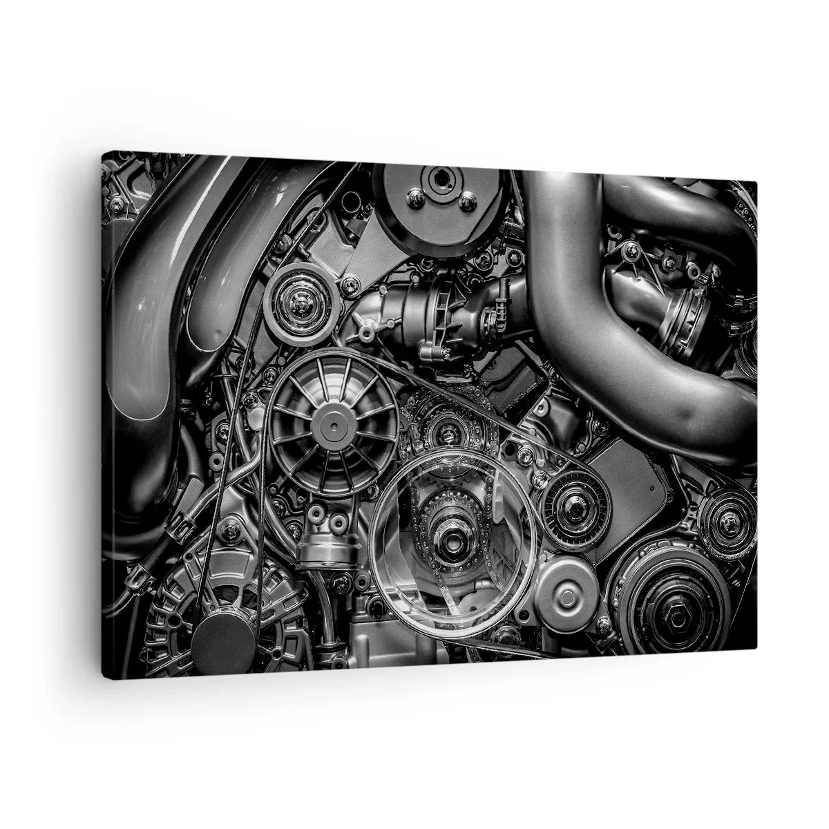 Impression sur toile - Image sur toile - Gros plan noir et blanc des détails mécaniques d'un moteur de voiture. - 70x50cm - Poésie mécanique - Décoration murale moderne pour le salon et la chambre ARTTOR