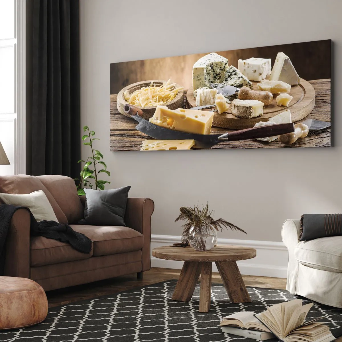 Impression sur toile - Image sur toile - Un plateau de fromages avec différents types sur une table en bois - 120x50cm - Sourire au fromage - Décoration murale moderne pour le salon et la chambre ARTTOR