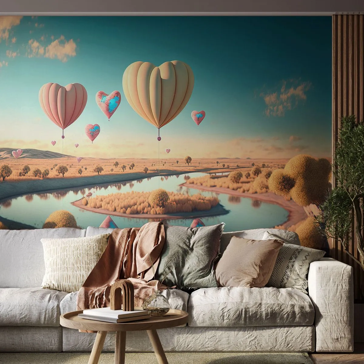 Papier Peint Photo Premium Sand - Ballons en forme de cœur au-dessus d'une rivière calme - 100x70cm - L'amour te permet de t'élever - Décoration murale moderne pour le salon et la chambre ARTTOR