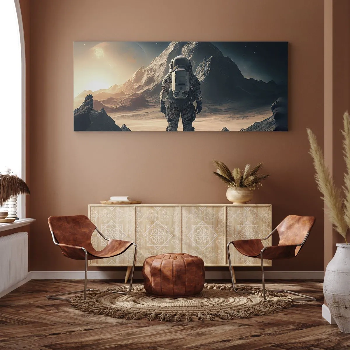 Impression sur toile - Image sur toile - Astronaute sur fond de montagnes majestueuses - 120x50cm - Nouveau défi - Décoration murale moderne pour le salon et la chambre ARTTOR