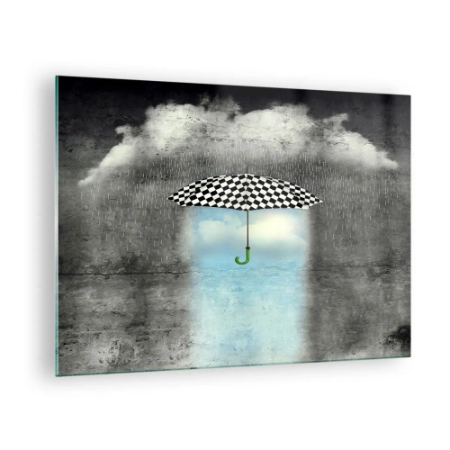 Impression sur verre - Image sur verre - Un parapluie à carreaux noir et blanc sur fond de pluie et de nuages - 70x50cm - Et pourtant c'est possible - Décoration murale moderne pour le salon et la chambre ARTTOR