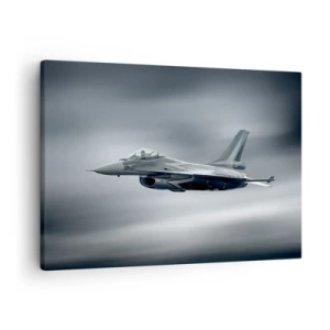 Impression sur toile - Image sur toile - Un avion de chasse en vol contre un ciel nuageux - 70x50cm - Acceptez-vous le défi? - Décoration murale moderne pour le salon et la chambre ARTTOR