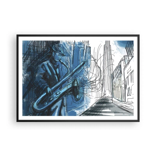 Affiche dans un cadre noir - Poster - Une silhouette jouant du saxophone sur fond de ville - 100x70cm - Rhapsodie urbaine - Décoration murale moderne pour le salon et la chambre ARTTOR