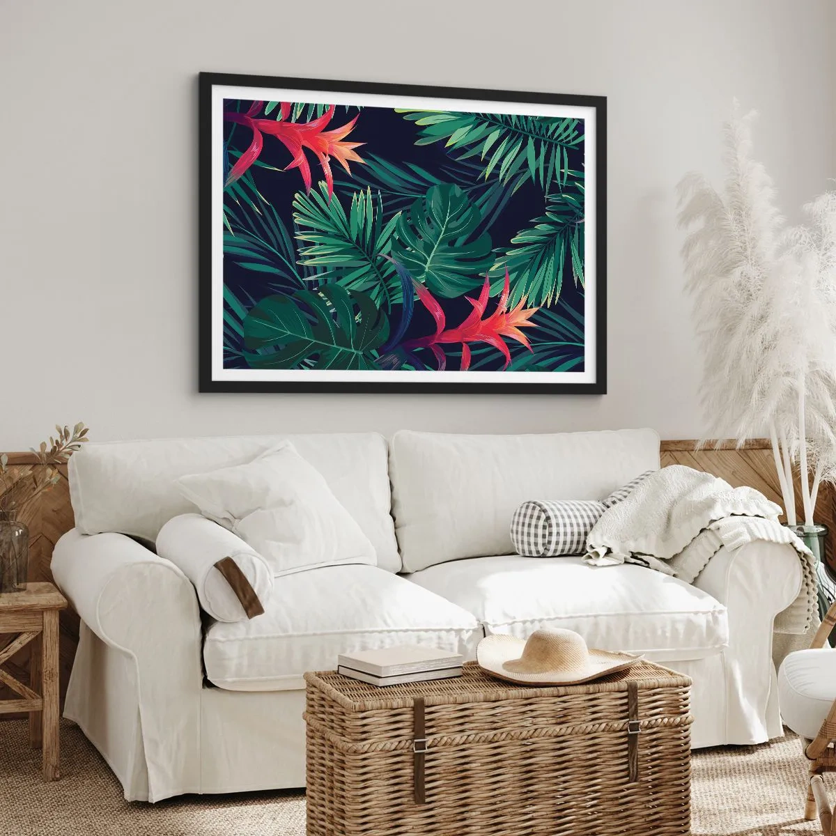 Affiche dans un cadre noir - Poster - Feuilles et fleurs tropicales sur fond sombre - 100x70cm - immergé dans la nature - Décoration murale moderne pour le salon et la chambre ARTTOR