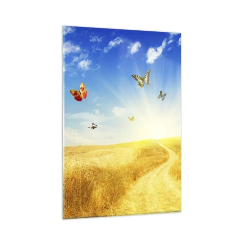 Impression sur verre - Image sur verre - Un champ doré, un chemin et des papillons contre un ciel bleu - 80x120cm - Et comment ne pas aimer l'été ? - Décoration murale moderne pour le salon et la chambre ARTTOR