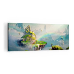 Impression sur toile - Image sur toile - Des îles volantes parmi les nuages avec un arc-en-ciel à l'horizon - 120x50cm - Au milieu des cieux - îles du bonheur - Décoration murale moderne pour le salon et la chambre ARTTOR