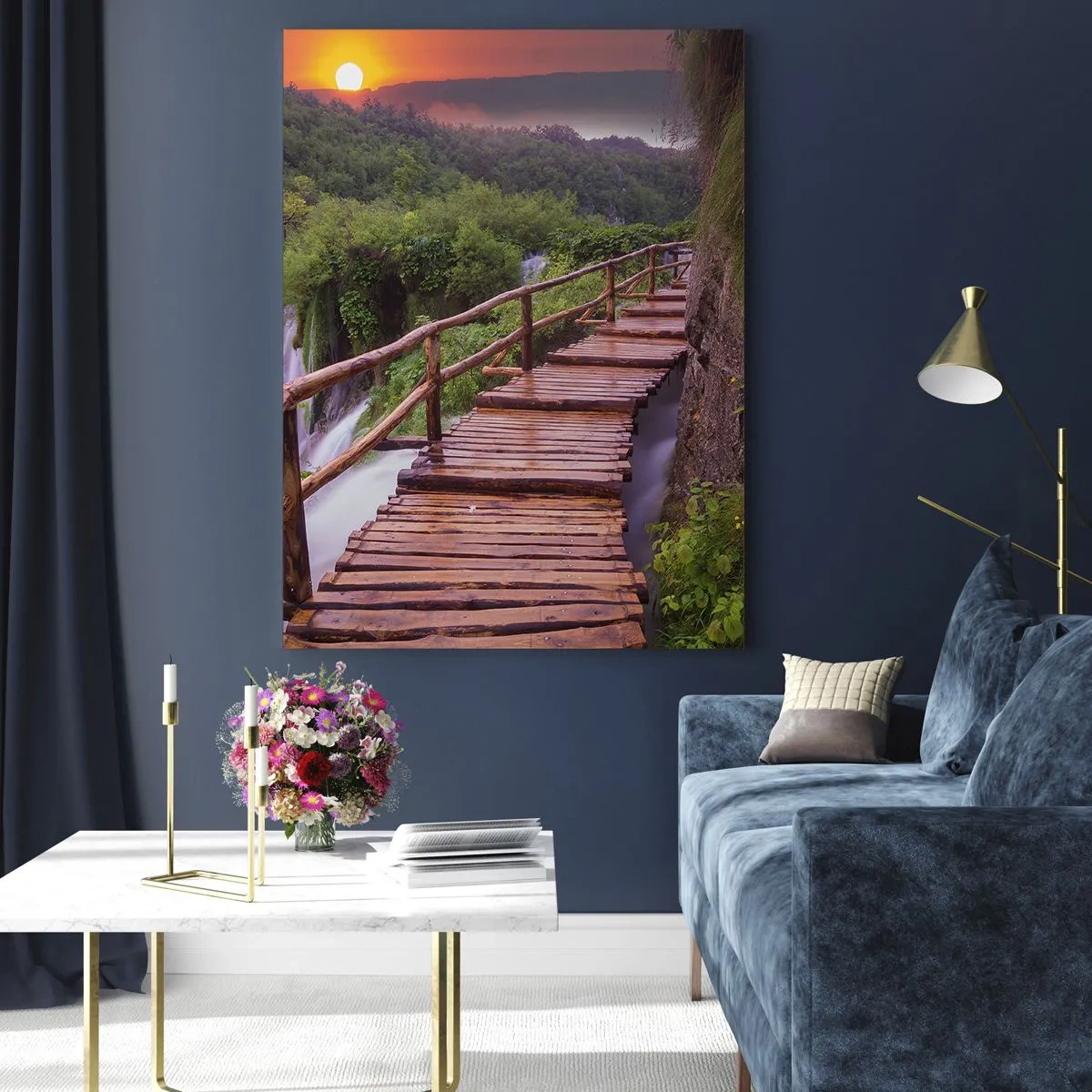 Impression sur verre - Image sur verre - Un pont surplombant les cascades au coucher du soleil - 70x100cm - La beauté au-delà de la croyance - Décoration murale moderne pour le salon et la chambre ARTTOR