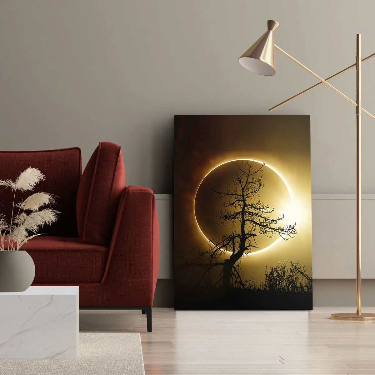 Impression sur toile - Image sur toile - Éclipse solaire avec une silhouette d'arbre au premier plan - 80x120cm - Éclipse totale - Décoration murale moderne pour le salon et la chambre ARTTOR