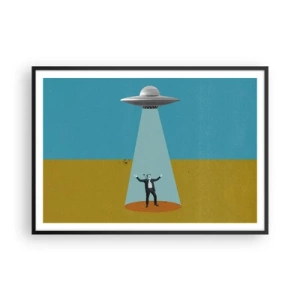 Affiche dans un cadre noir - Poster - Un homme à la lumière d'un OVNI sur fond de paysage coloré - 100x70cm - Rencontre proche - Décoration murale moderne pour le salon et la chambre ARTTOR
