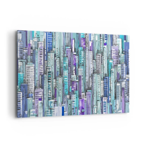 Impression sur toile - Image sur toile - Illustration d'une ville avec des bâtiments géométriques dans des tons de bleu et de violet. - 120x80cm - Bleuâtre avec le ciel - Décoration murale moderne pour le salon et la chambre ARTTOR