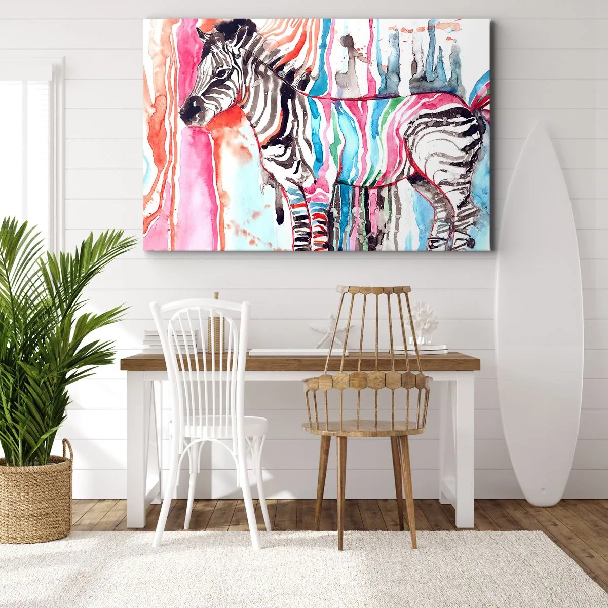 Impression sur toile - Image sur toile - Un zèbre coloré sur un fond de motifs abstraits à l'aquarelle - 70x50cm - Blague insouciante de la nature - Décoration murale moderne pour le salon et la chambre ARTTOR