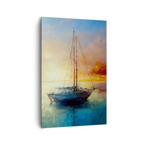 Impression sur toile - Image sur toile - Un yacht sur une mer calme au coucher du soleil - 80x120cm - Dans une baie dorée - Décoration murale moderne pour le salon et la chambre ARTTOR