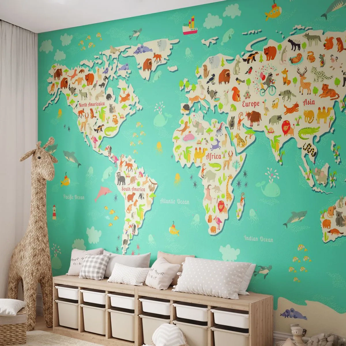 Papier Peint Autocollant Deluxe Sticker - Nous aimons le monde entier - Carte du monde, Animaux, Pour les enfants - 250x175 cm