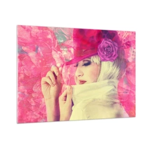 Impression sur verre - Image sur verre - Illustration d'une femme avec un chapeau rose et une fleur en arrière-plan - 100x70cm - Portrait rétro dans une brume rose - Décoration murale moderne pour le salon et la chambre ARTTOR