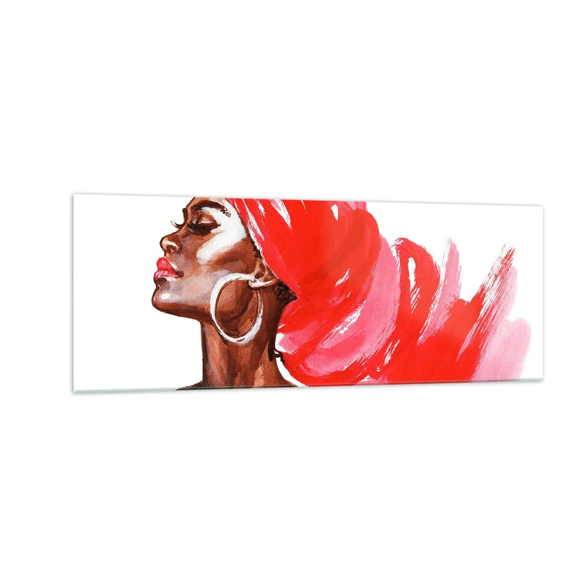Impression sur verre - Image sur verre - Profil d'une femme avec un turban rouge et des boucles d'oreilles - 140x50cm - "Les cheveux dans le vent" - Décoration murale moderne pour le salon et la chambre ARTTOR