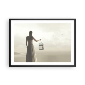 Affiche dans un cadre noir - Poster - Une femme avec une cage contre un ciel calme - 70x50cm - Soi libre - Décoration murale moderne pour le salon et la chambre ARTTOR