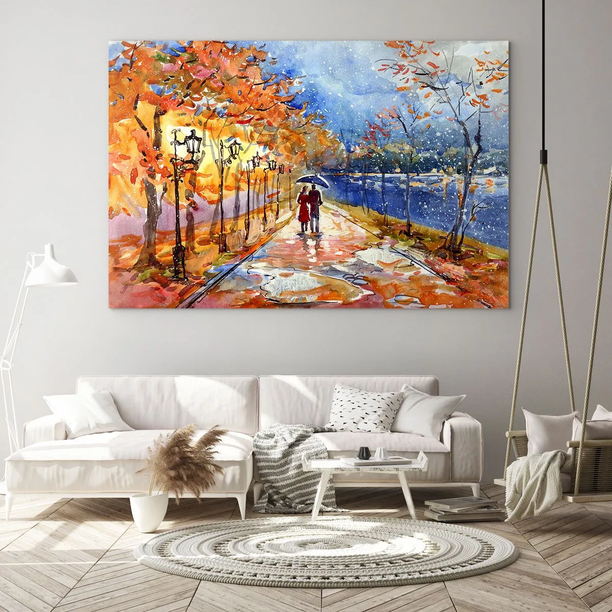 Impression sur verre - Image sur verre - Une promenade d'automne le long de l'avenue avec des feuilles colorées et des lanternes - 70x50cm - Ensemble jusqu'au bout du temps - Décoration murale moderne pour le salon et la chambre ARTTOR