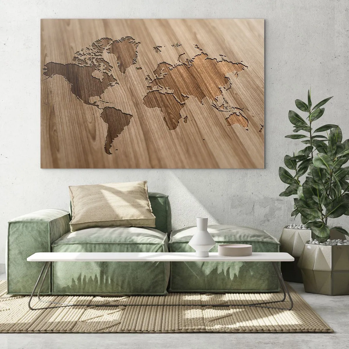 Impression sur verre - Image sur verre - Une carte du monde découpée dans une surface en bois - 120x80cm - Le monde est sur la table - Décoration murale moderne pour le salon et la chambre ARTTOR