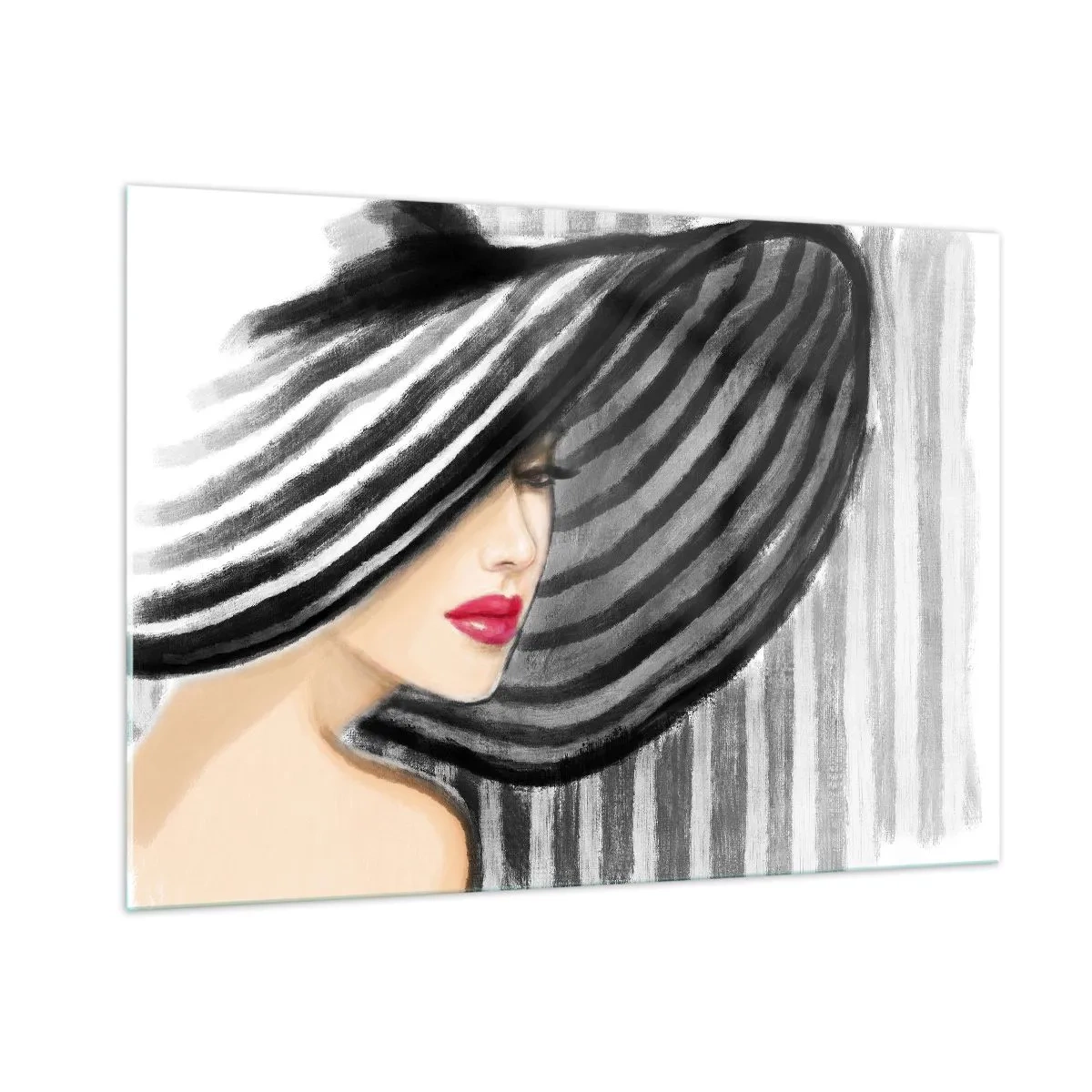 Impression sur verre - Image sur verre - Femme élégante portant un chapeau rayé noir et blanc - 100x70cm - Où te chercher ? - Décoration murale moderne pour le salon et la chambre ARTTOR