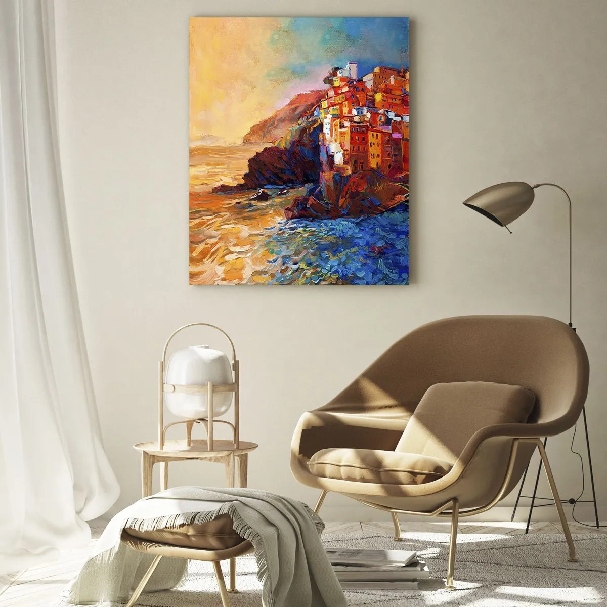 Impression sur verre - Image sur verre - Une ville colorée sur une falaise surplombant la mer - 50x70cm - Climats italien - Décoration murale moderne pour le salon et la chambre ARTTOR